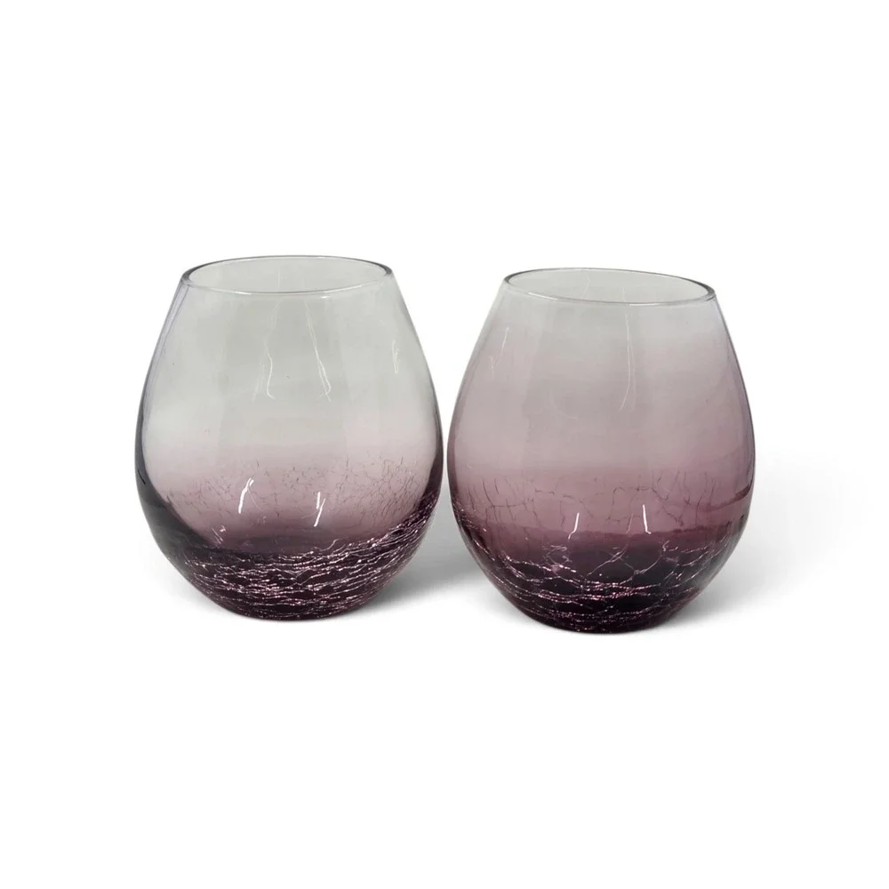 Set of 2 Pier 1 Crackle Purple Amethyst Stemless Wine Glasses 4-1/4